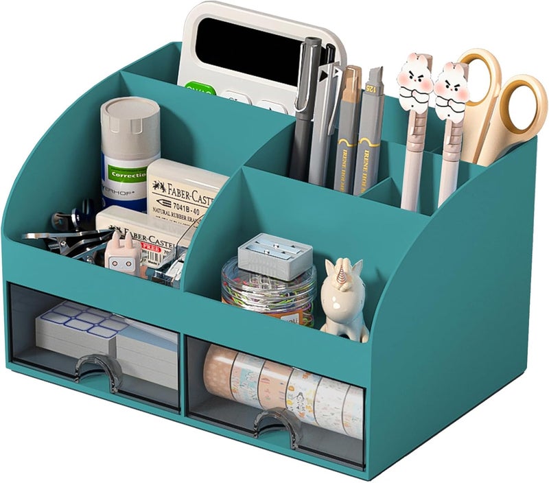 COMFYROOM Desk Organizer with 6 Compartments and 2 Drawers, Plastic Makeup Organizer, Pen Holder for Desktop Storage, Desk Organization for School, Home, Office Supplies (Dark Green) - Image 1